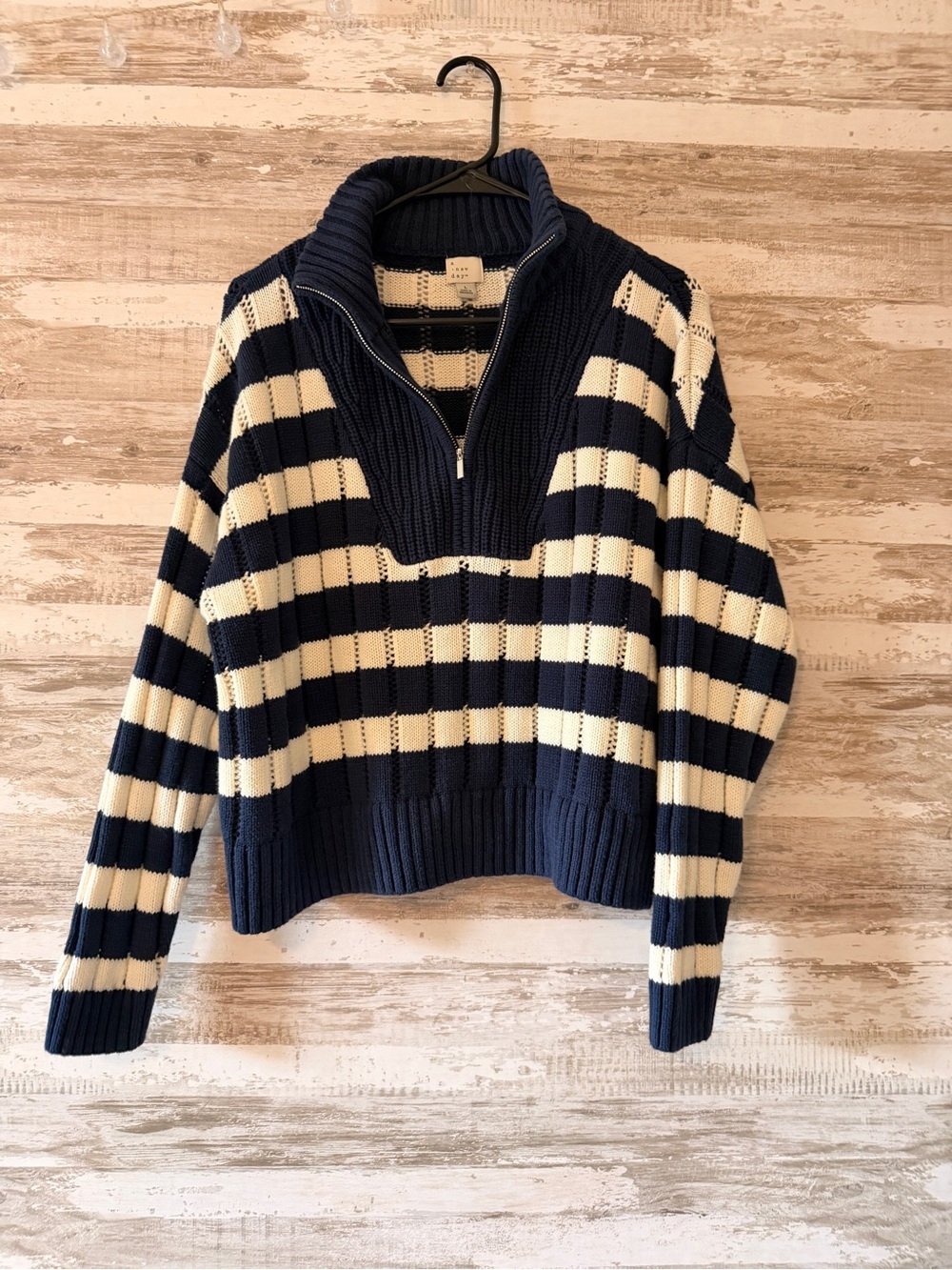 a new day Navy & Cream Striped Quarter-Zip Turtleneck Sweater
